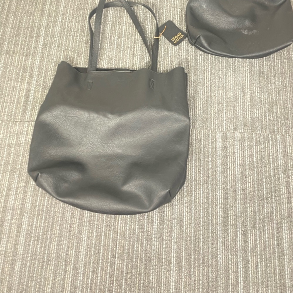 Black Vegan Leather Tote Bag with Small Matching Bag